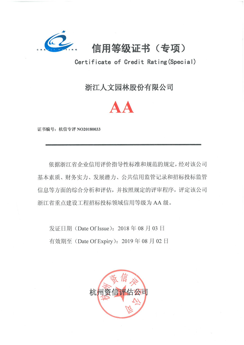 信用等级证书（专项）AA
